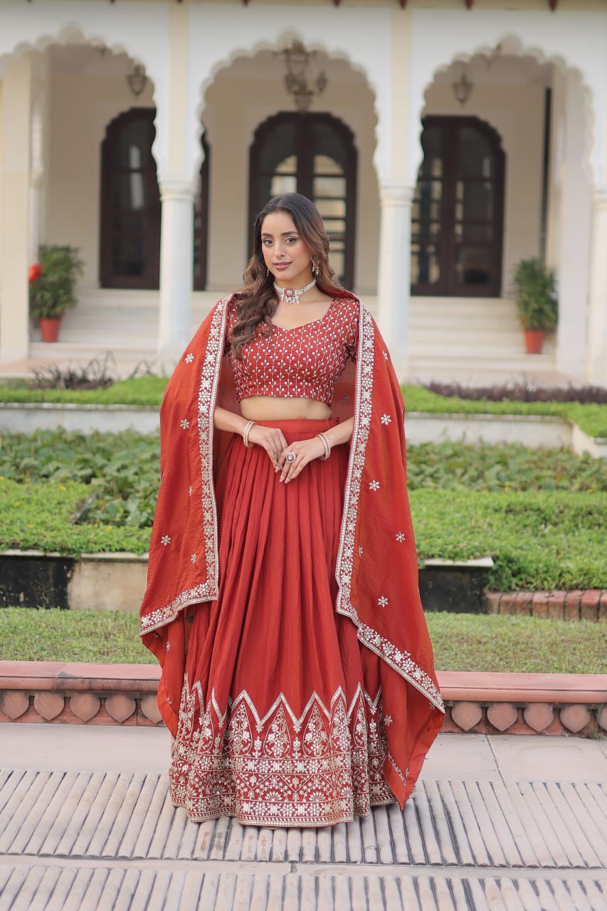 Rust Orange Vichitra Silk Embroidered Lehenga Choli with Designer Dupatta Stitched Lehenga with Canvas Flair & Latkan