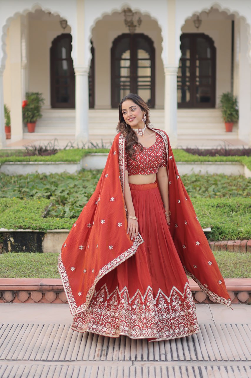 Rust Orange Vichitra Silk Embroidered Lehenga Choli with Designer Dupatta Stitched Lehenga with Canvas Flair & Latkan