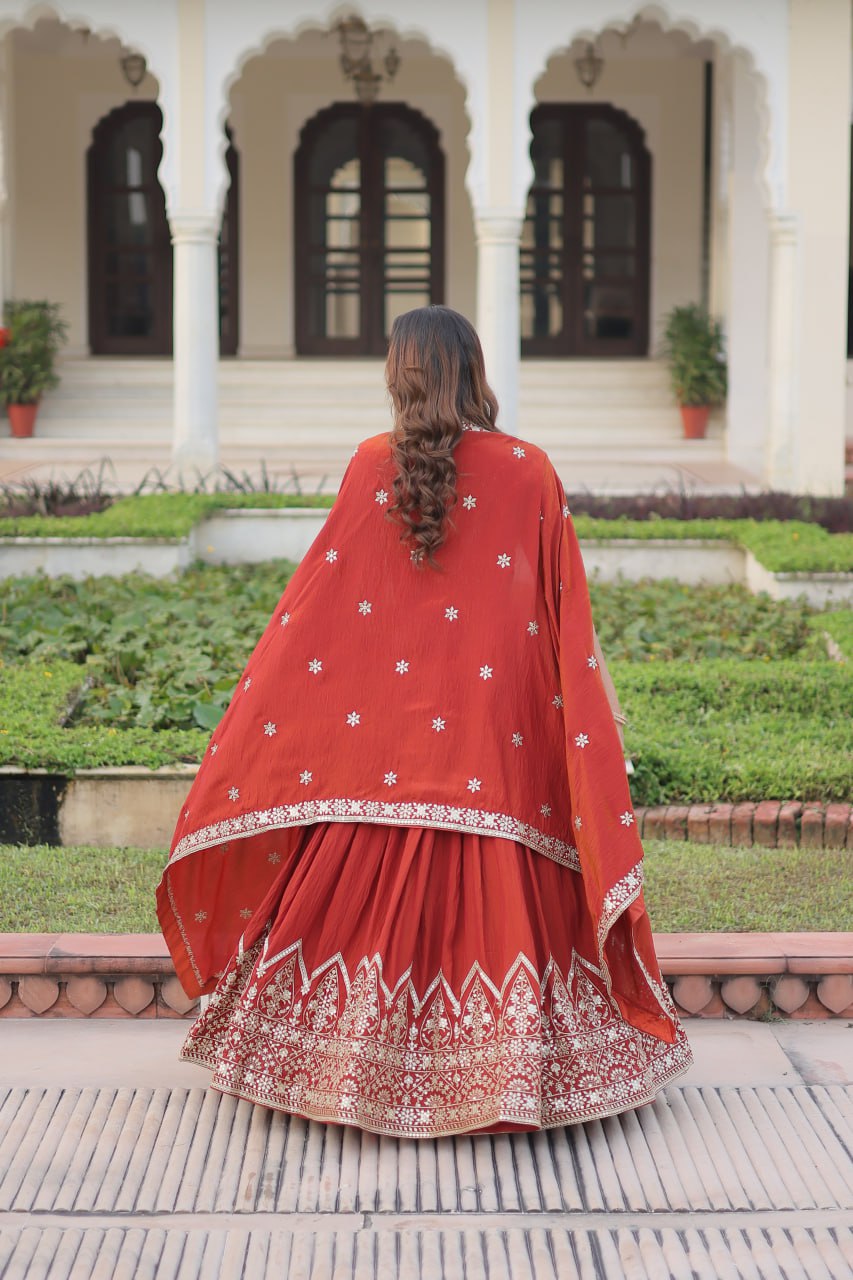 Rust Orange Vichitra Silk Embroidered Lehenga Choli with Designer Dupatta Stitched Lehenga with Canvas Flair & Latkan