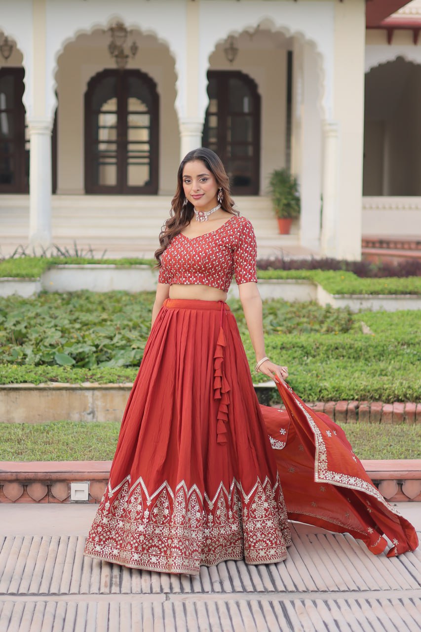 Rust Orange Vichitra Silk Embroidered Lehenga Choli with Designer Dupatta Stitched Lehenga with Canvas Flair & Latkan