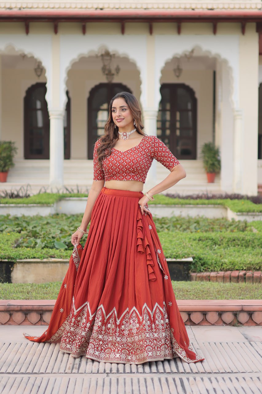 Rust Orange Vichitra Silk Embroidered Lehenga Choli with Designer Dupatta Stitched Lehenga with Canvas Flair & Latkan