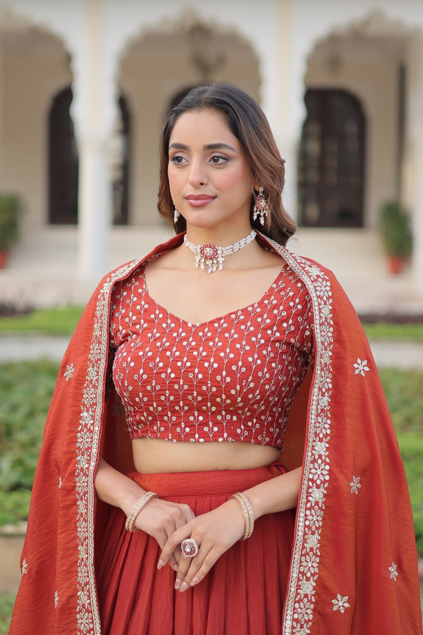 Rust Orange Vichitra Silk Embroidered Lehenga Choli with Designer Dupatta Stitched Lehenga with Canvas Flair & Latkan