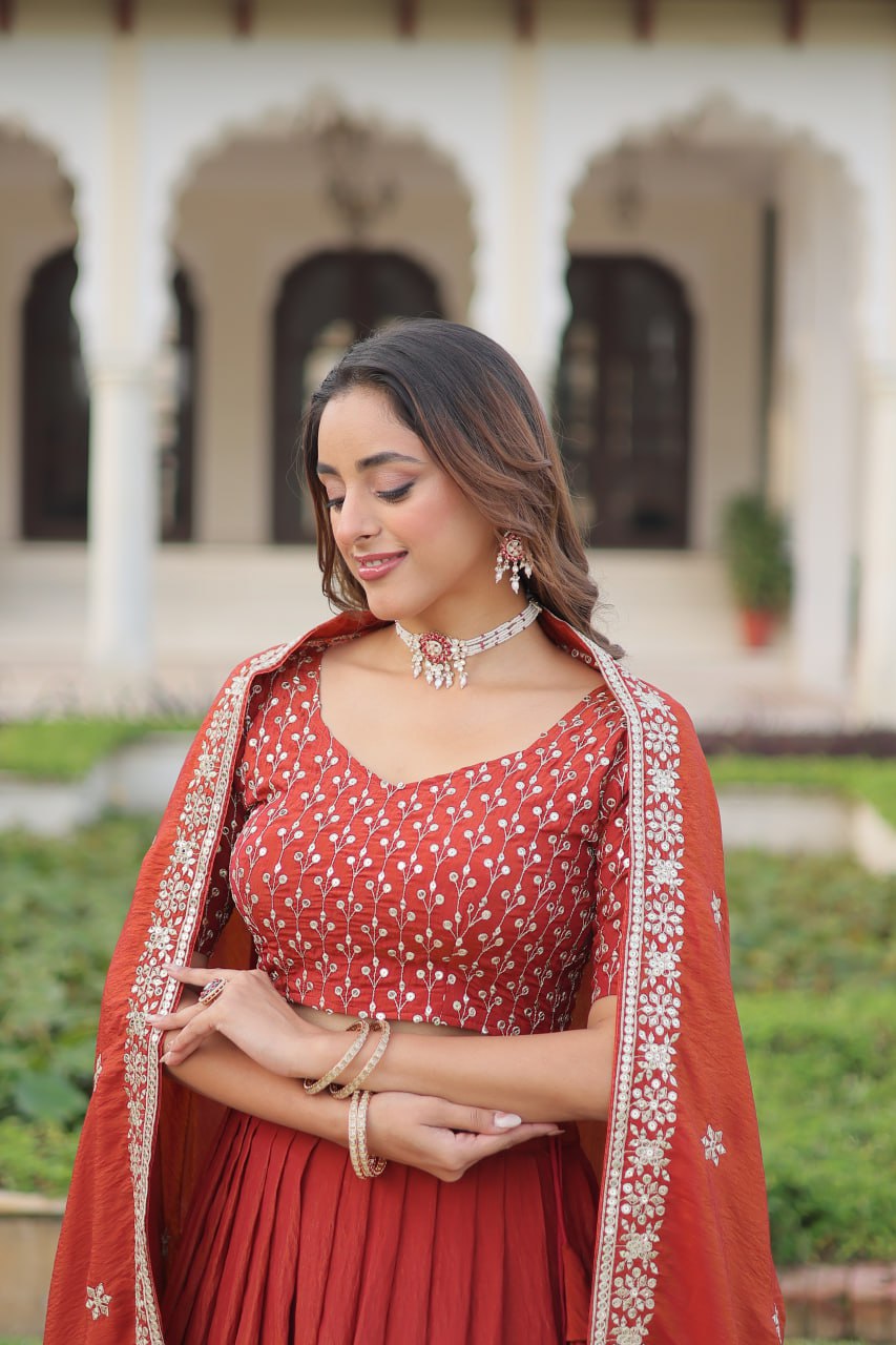 Rust Orange Vichitra Silk Embroidered Lehenga Choli with Designer Dupatta Stitched Lehenga with Canvas Flair & Latkan