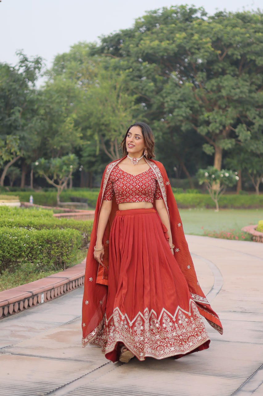 Rust Orange Vichitra Silk Embroidered Lehenga Choli with Designer Dupatta Stitched Lehenga with Canvas Flair & Latkan
