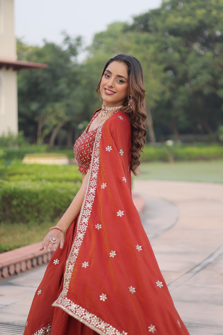 Rust Orange Vichitra Silk Embroidered Lehenga Choli with Designer Dupatta Stitched Lehenga with Canvas Flair & Latkan