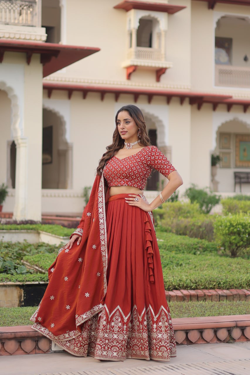 Rust Orange Vichitra Silk Embroidered Lehenga Choli with Designer Dupatta Stitched Lehenga with Canvas Flair & Latkan