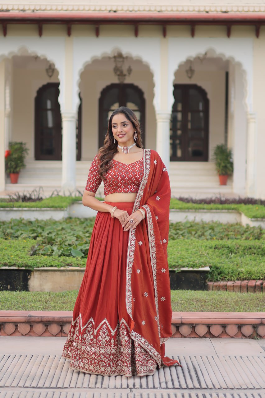 Rust Orange Vichitra Silk Embroidered Lehenga Choli with Designer Dupatta Stitched Lehenga with Canvas Flair & Latkan