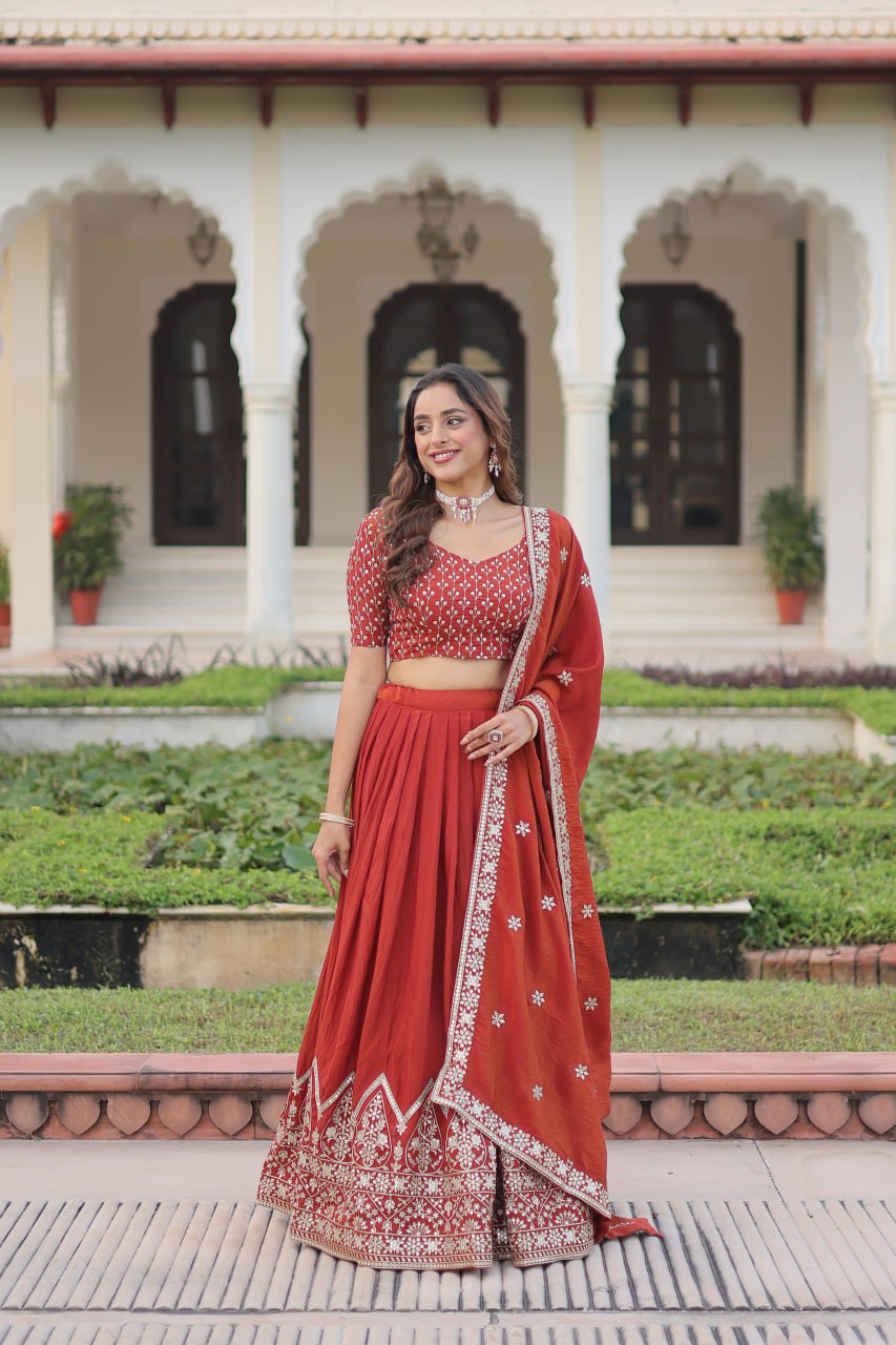Rust Orange Vichitra Silk Embroidered Lehenga Choli with Designer Dupatta Stitched Lehenga with Canvas Flair & Latkan