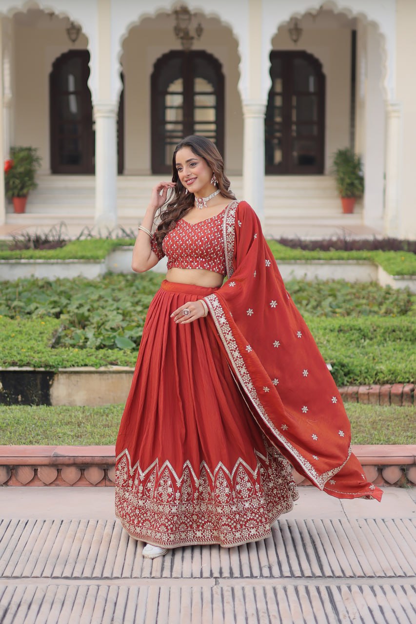 Rust Orange Vichitra Silk Embroidered Lehenga Choli with Designer Dupatta Stitched Lehenga with Canvas Flair & Latkan