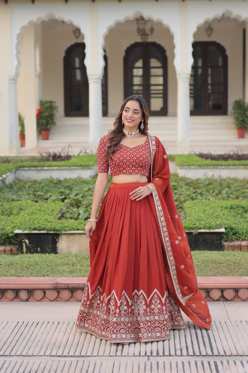 Rust Orange Vichitra Silk Embroidered Lehenga Choli with Designer Dupatta Stitched Lehenga with Canvas Flair & Latkan