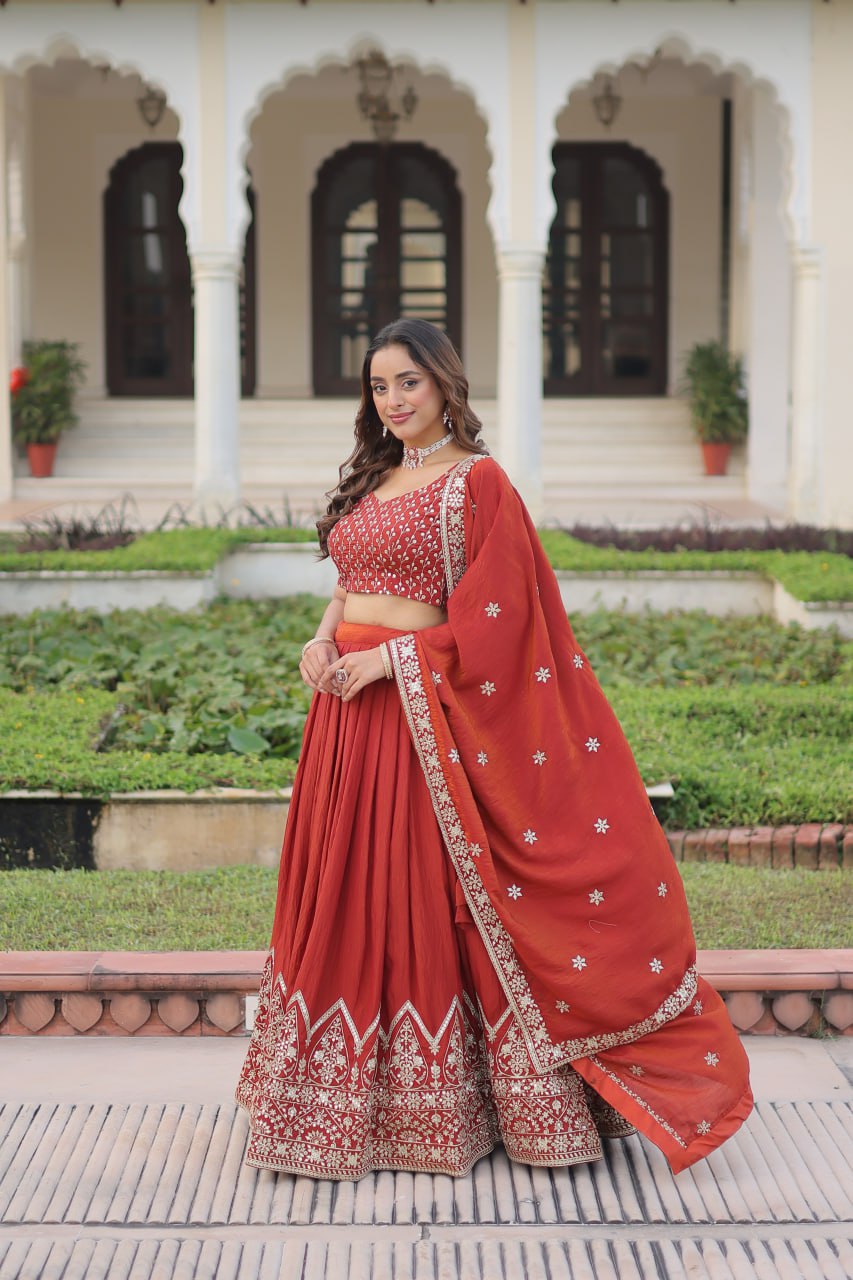 Rust Orange Vichitra Silk Embroidered Lehenga Choli with Designer Dupatta Stitched Lehenga with Canvas Flair & Latkan