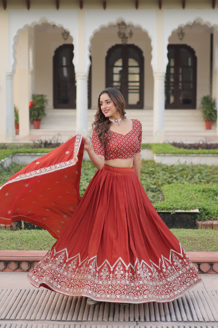 Rust Orange Vichitra Silk Embroidered Lehenga Choli with Designer Dupatta Stitched Lehenga with Canvas Flair & Latkan
