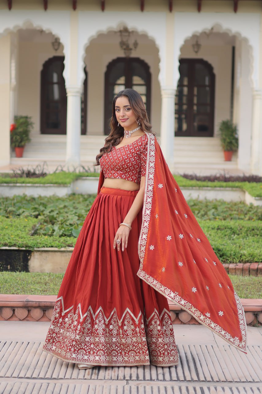 Rust Orange Vichitra Silk Embroidered Lehenga Choli with Designer Dupatta Stitched Lehenga with Canvas Flair & Latkan