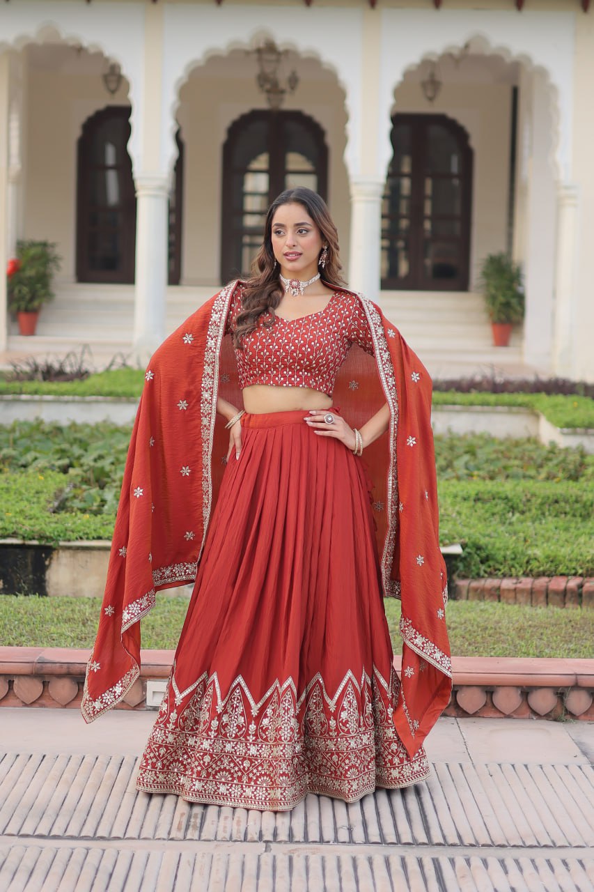 Rust Orange Vichitra Silk Embroidered Lehenga Choli with Designer Dupatta Stitched Lehenga with Canvas Flair & Latkan