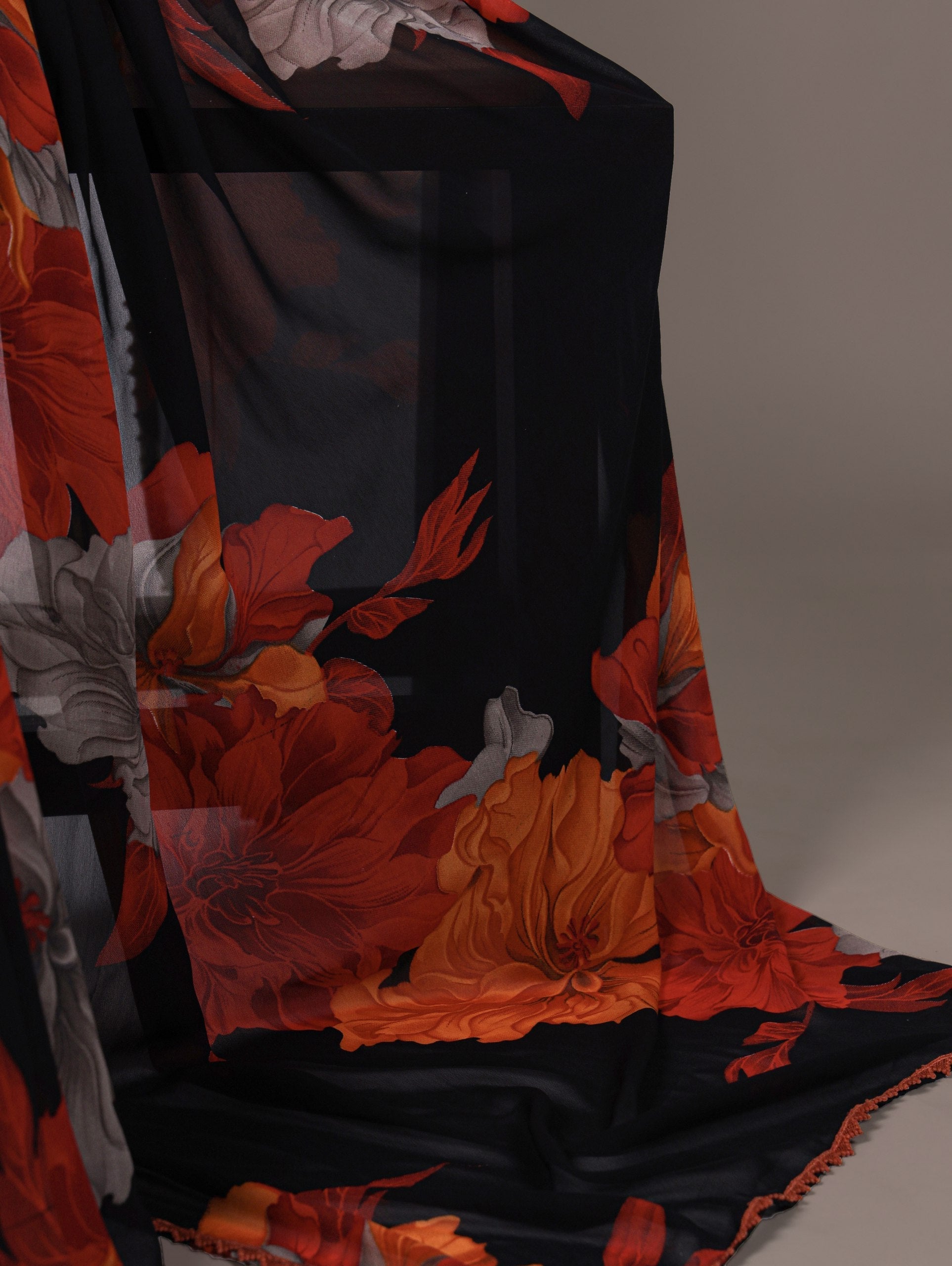 Rust Orange Weightless Marbal Floral Printed Saree with Lace Border & Unstitched Banglory Plain Blouse