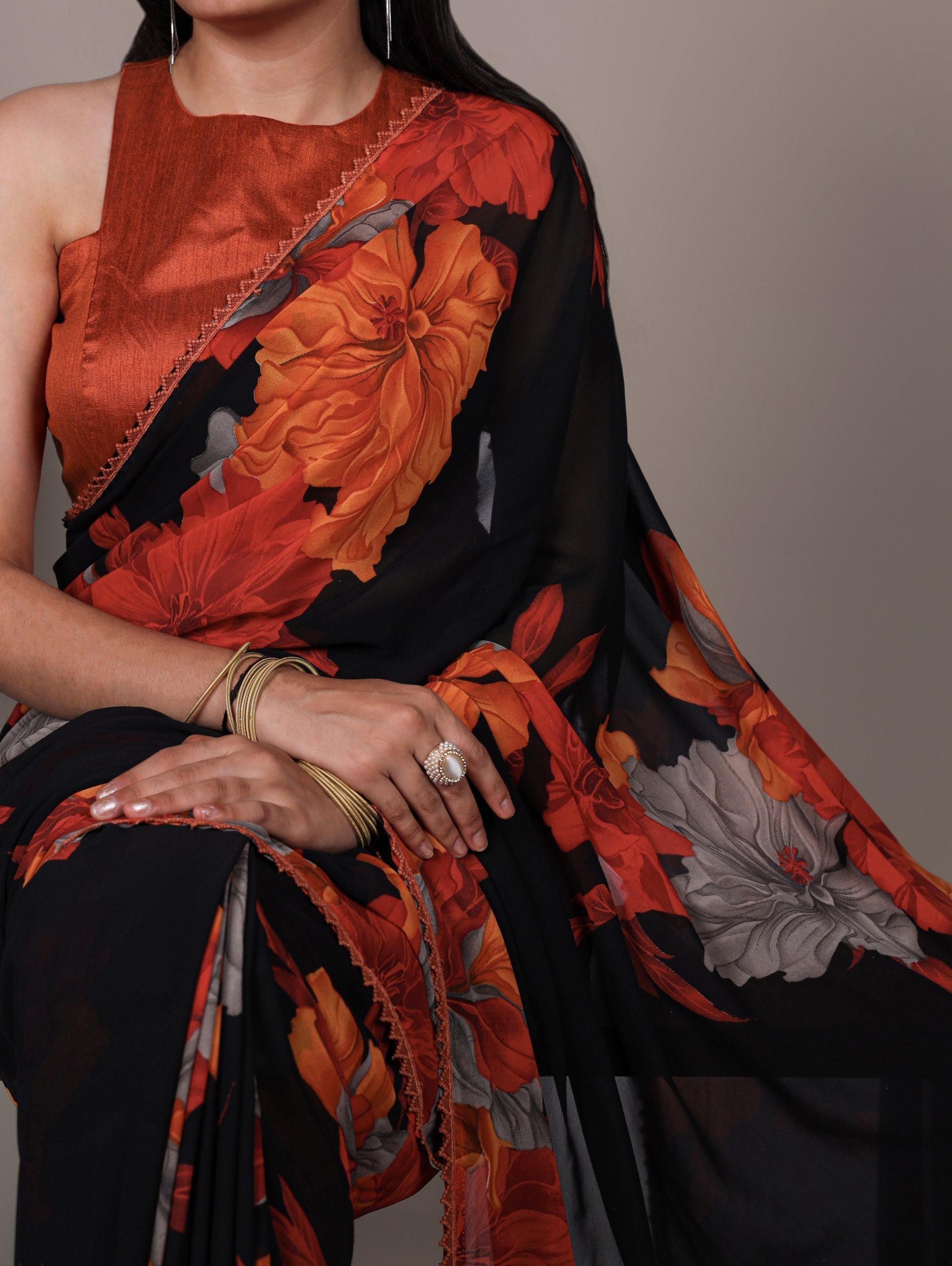 Rust Orange Weightless Marbal Floral Printed Saree with Lace Border & Unstitched Banglory Plain Blouse