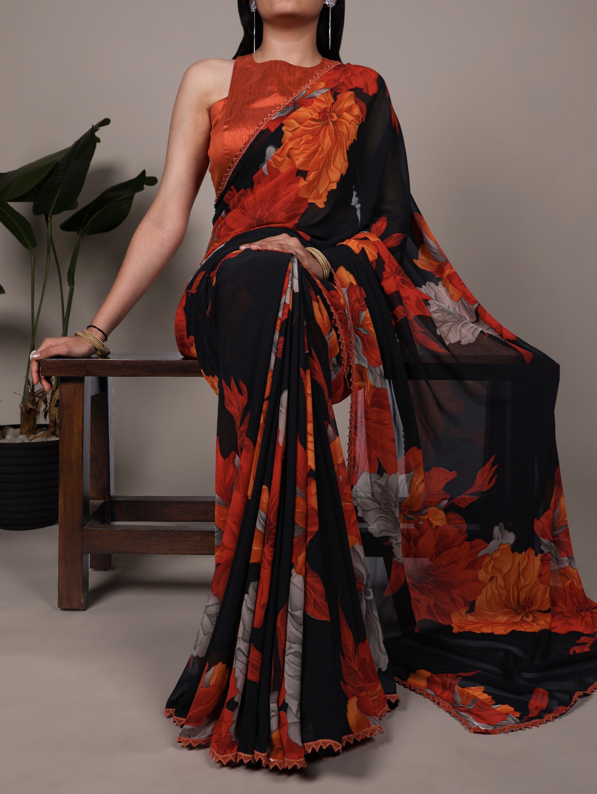 Rust Orange Weightless Marbal Floral Printed Saree with Lace Border & Unstitched Banglory Plain Blouse