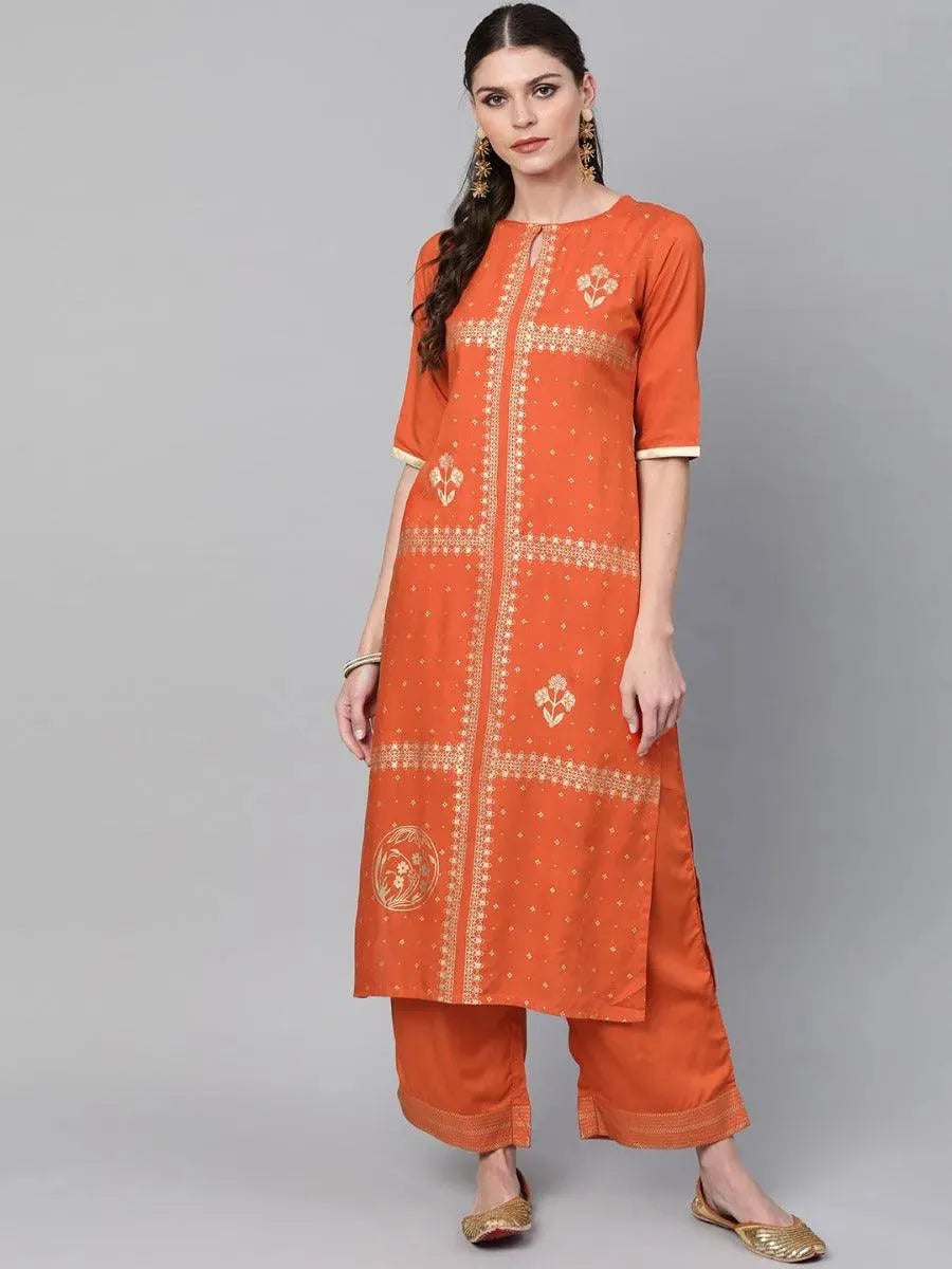 Anouk Rust Printed Rayon Straight Kurta With Palazzos