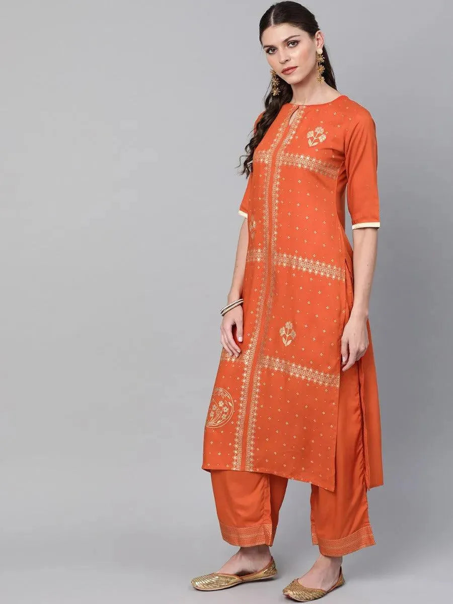 Anouk Rust Printed Rayon Straight Kurta With Palazzos