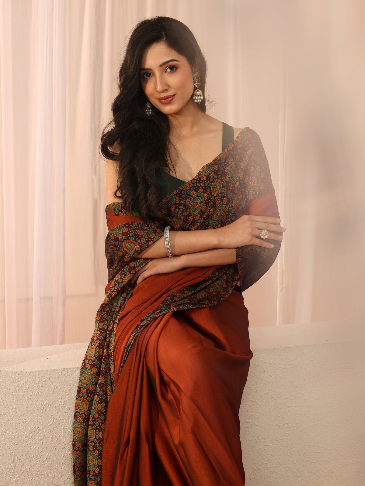 Anouk Rust Chiffon Saree with Printed Border