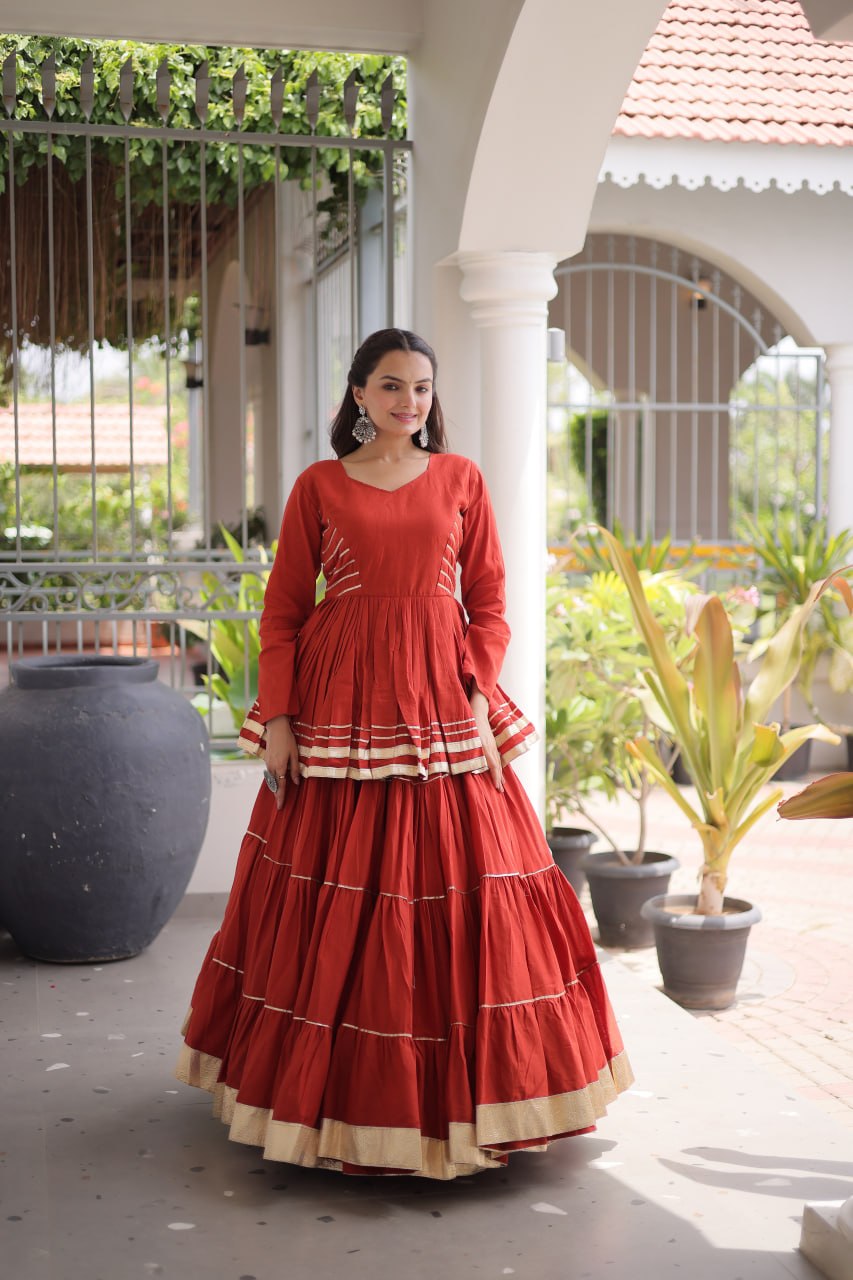 Rust Traditional Cora Cotton Lehenga Set