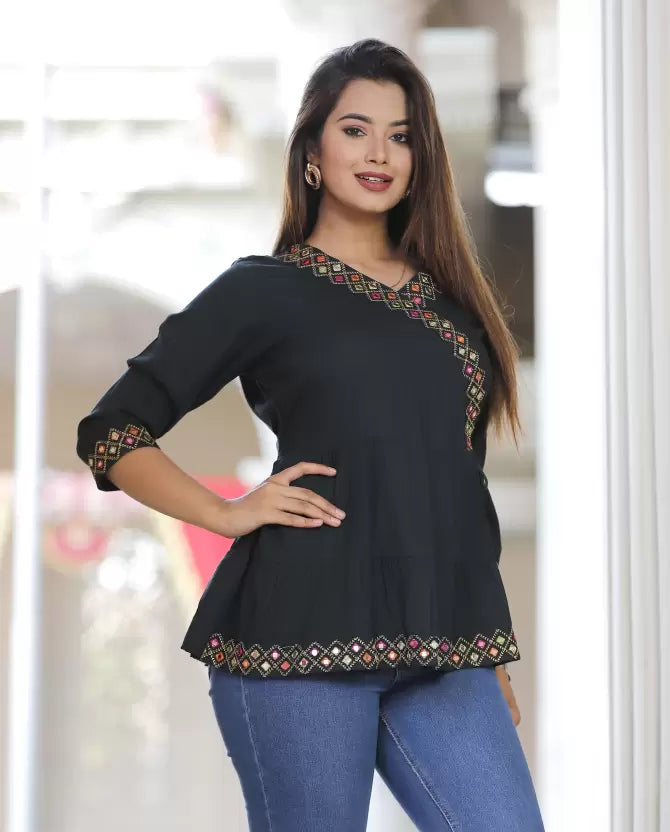 Bottle Green Rayon Top with Embroidery Work