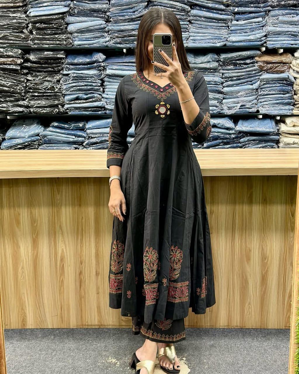 Sanganeri Buta Print Flared Anarkali Kurta Set - Cotton with Adda Work