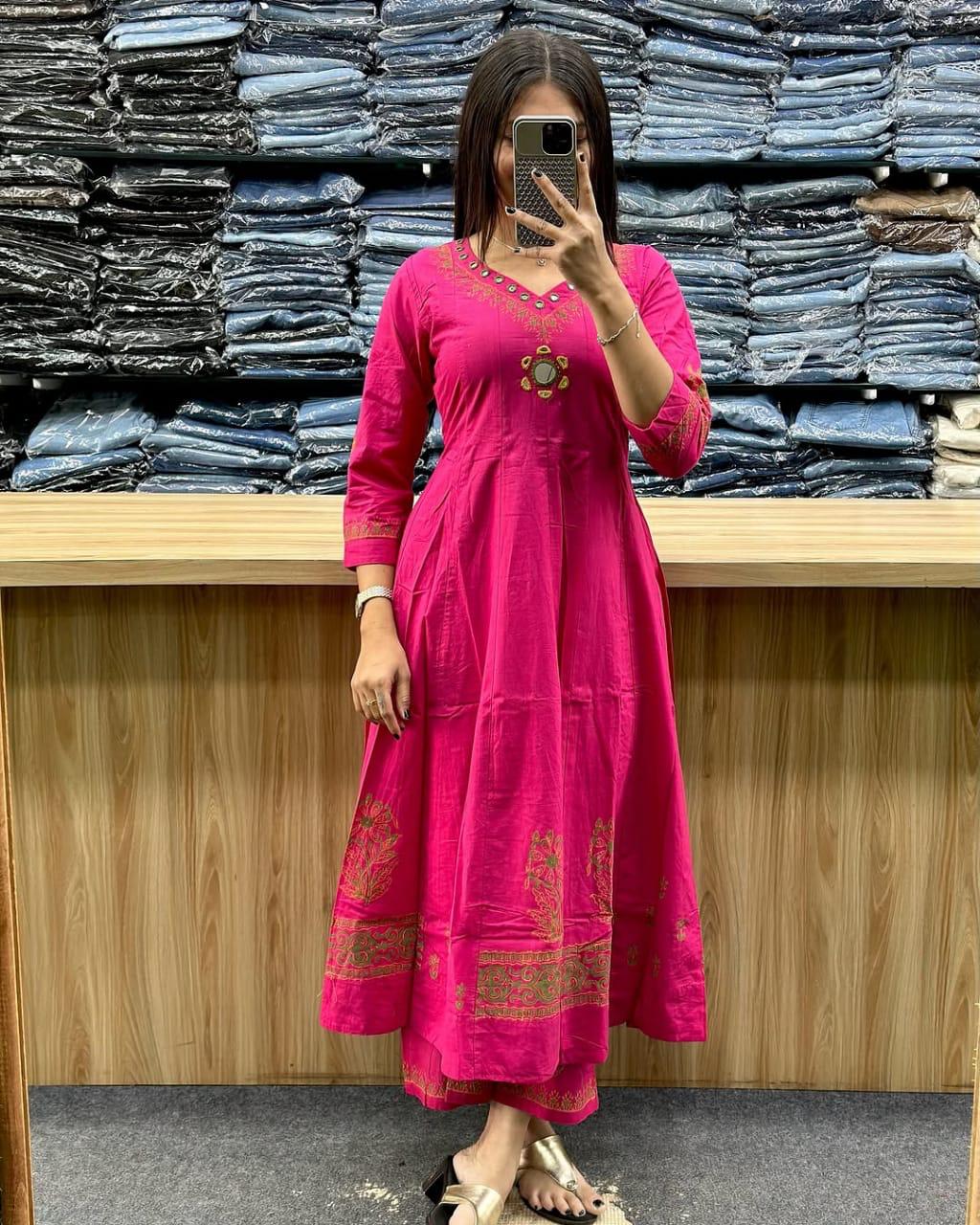 Sanganeri Buta Print Flared Anarkali Kurta Set - Cotton with Adda Work