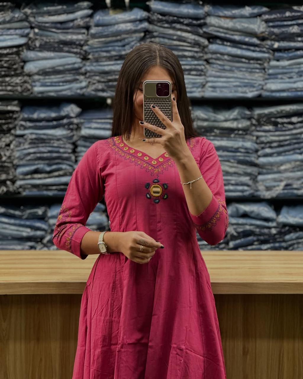 Sanganeri Buta Print Flared Anarkali Kurta Set - Cotton with Adda Work