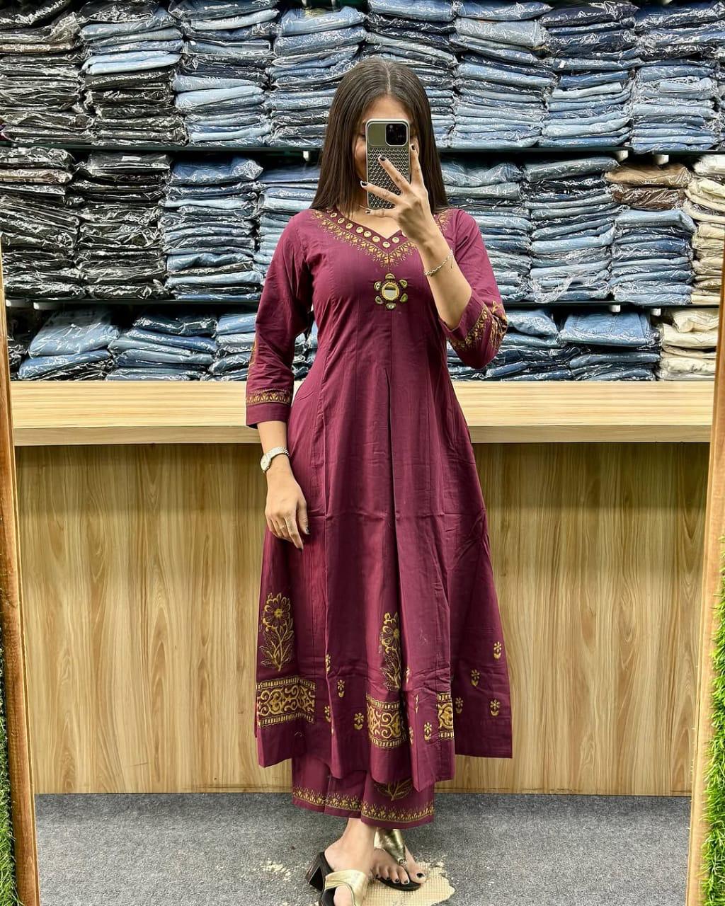 Sanganeri Buta Print Flared Anarkali Kurta Set - Cotton with Adda Work
