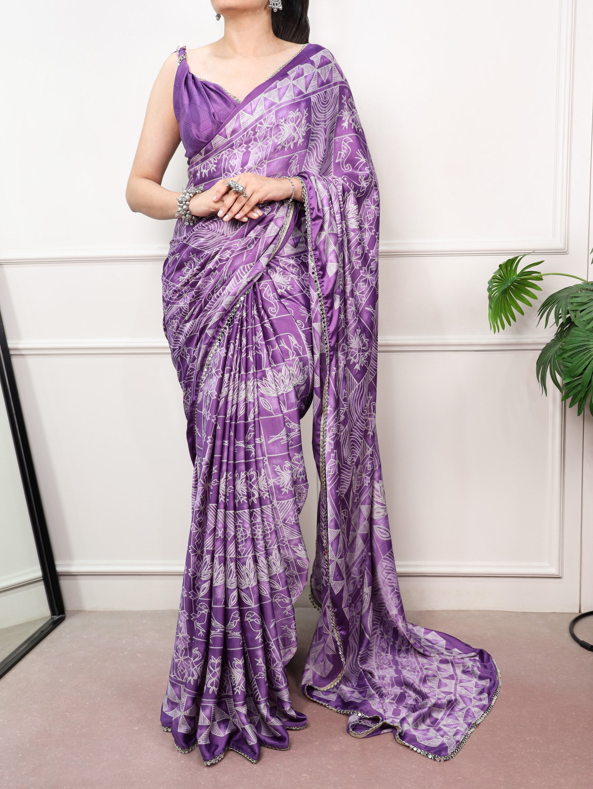 Satin Silk Saree with Mirror Lace Border