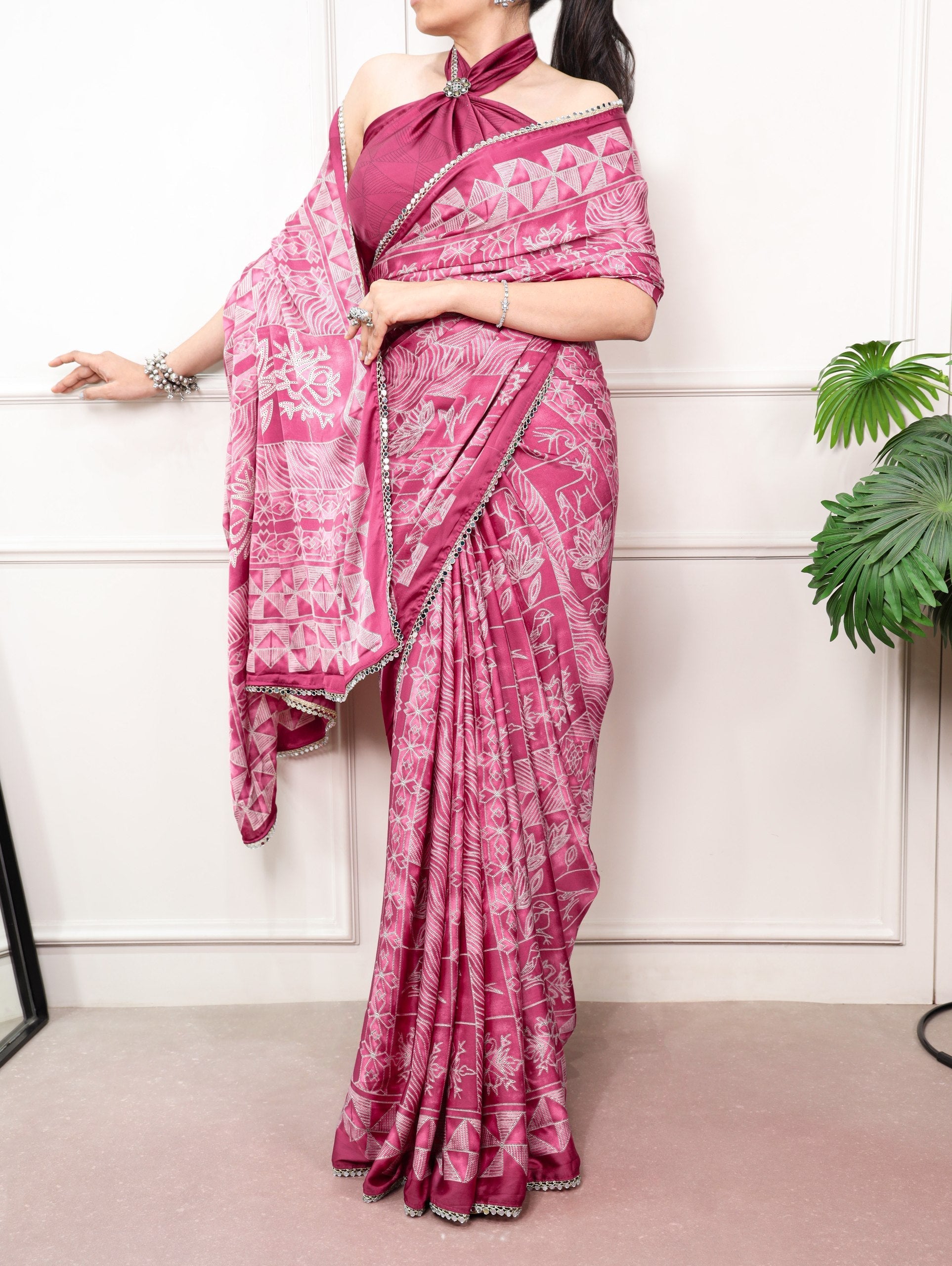 Satin Silk Saree with Mirror Lace Border