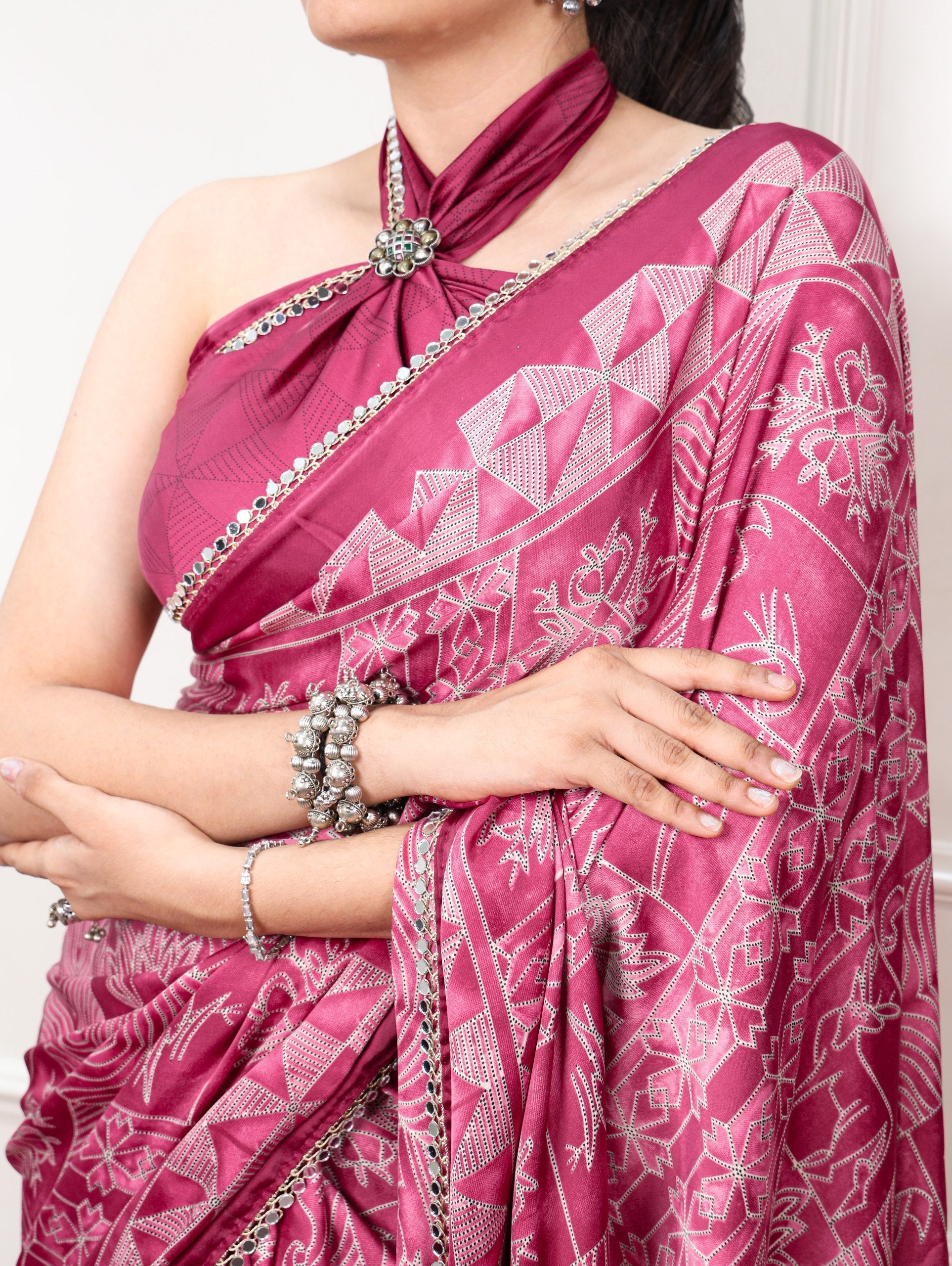 Satin Silk Saree with Mirror Lace Border