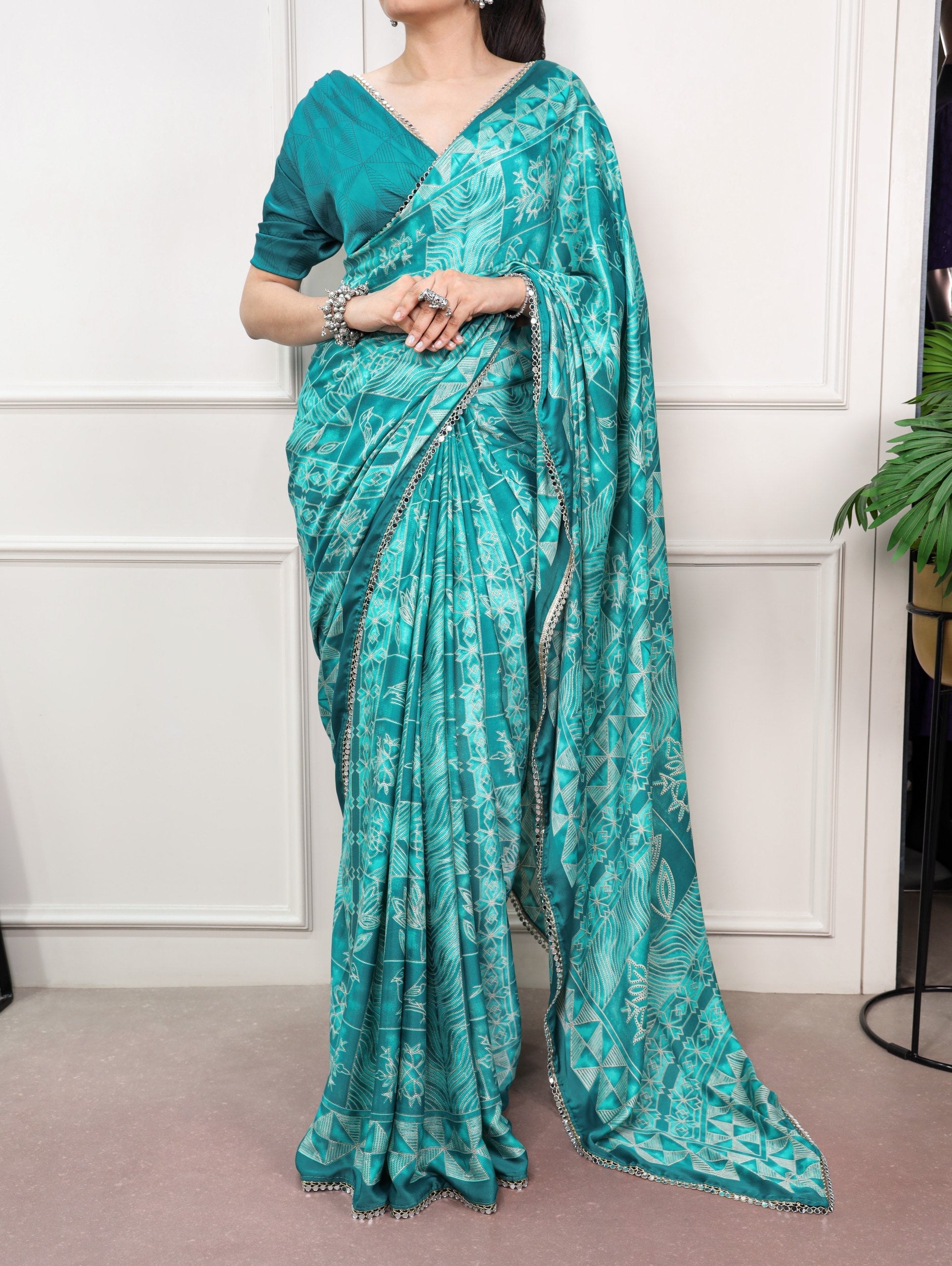 Satin Silk Saree with Mirror Lace Border