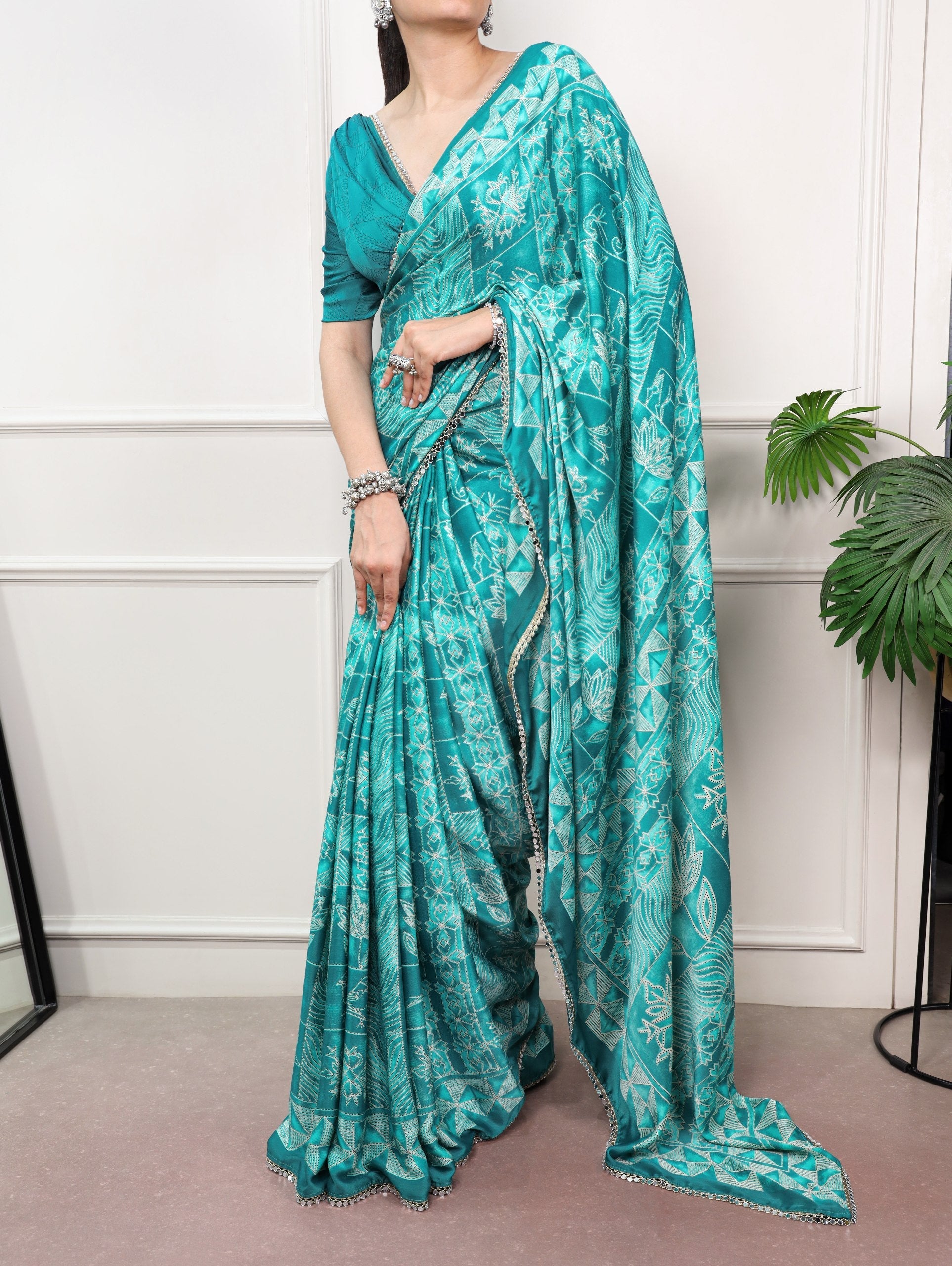 Satin Silk Saree with Mirror Lace Border
