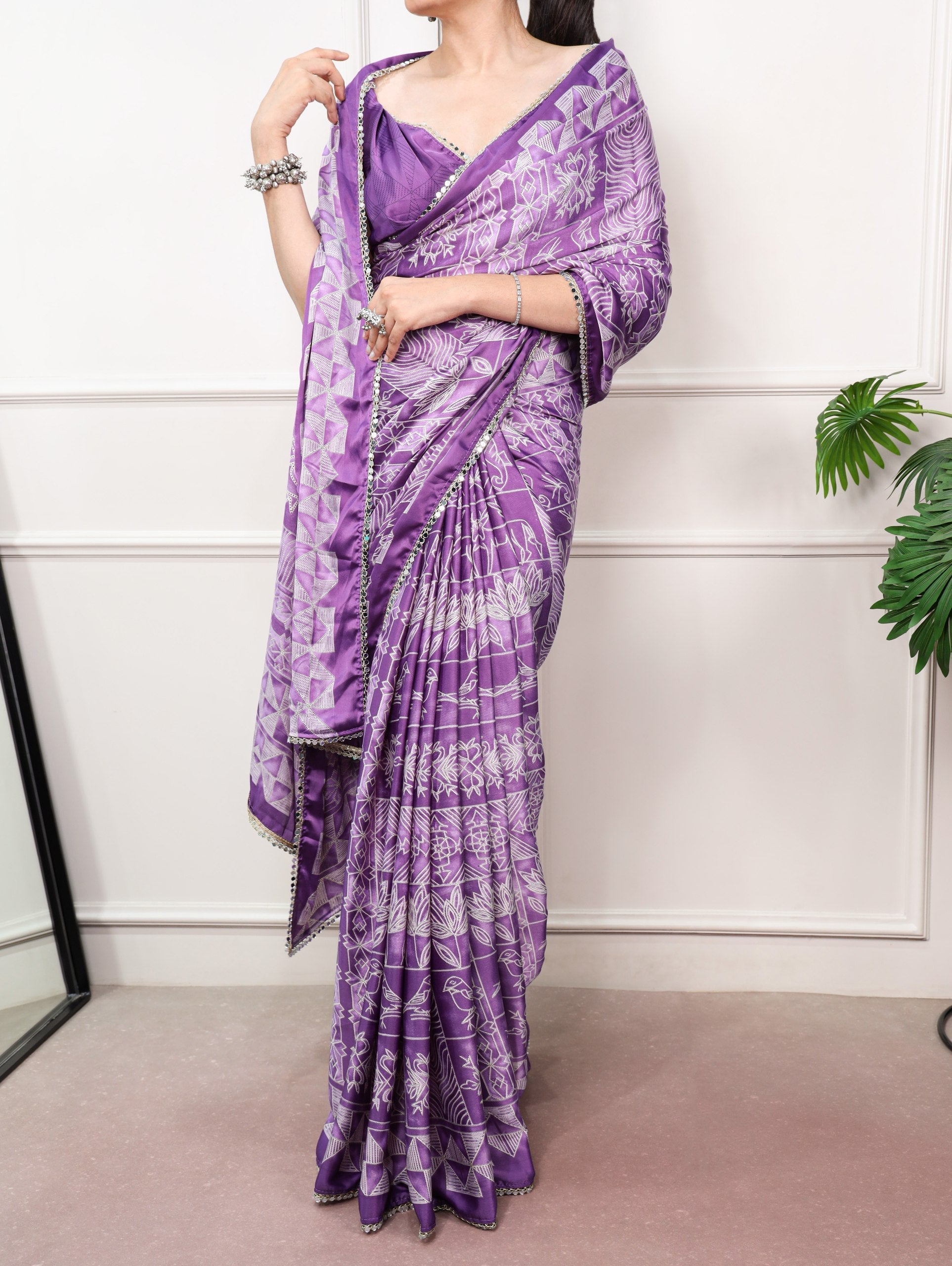Satin Silk Saree with Mirror Lace Border