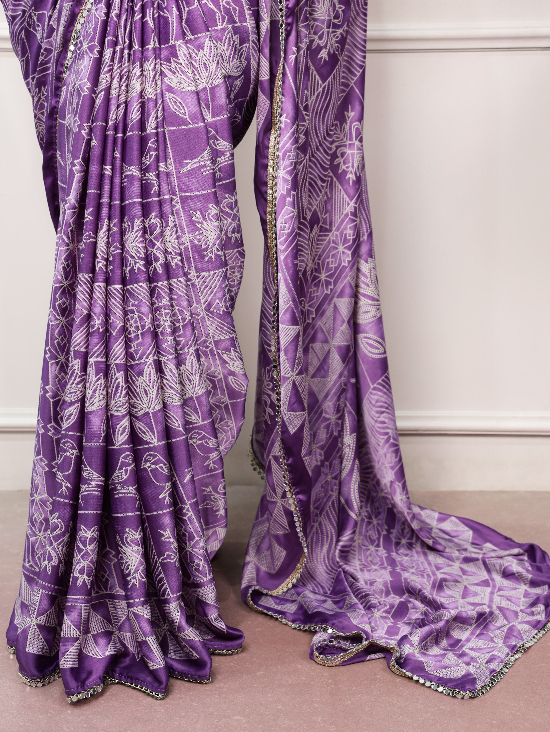 Satin Silk Saree with Mirror Lace Border