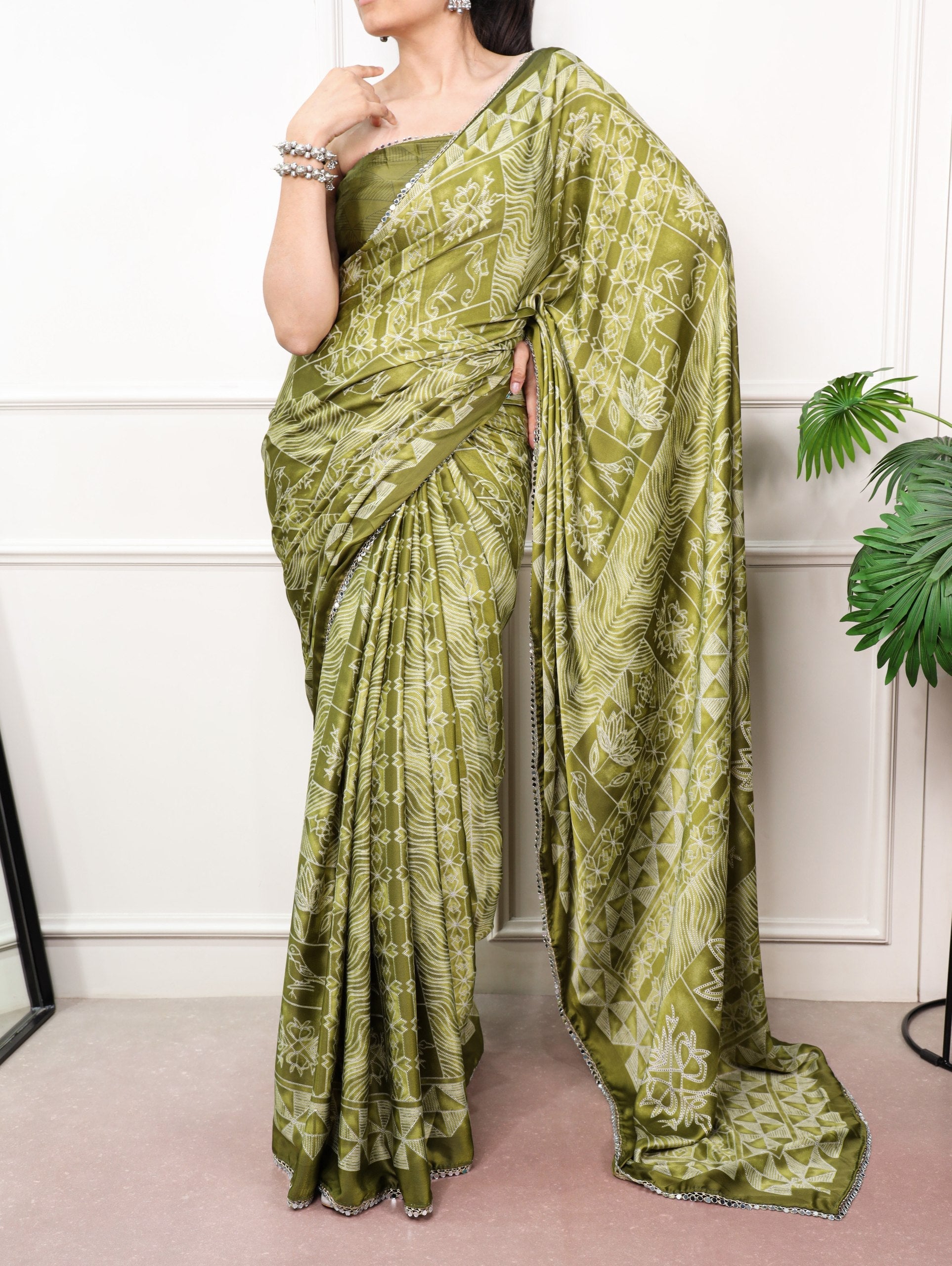 Satin Silk Saree with Mirror Lace Border