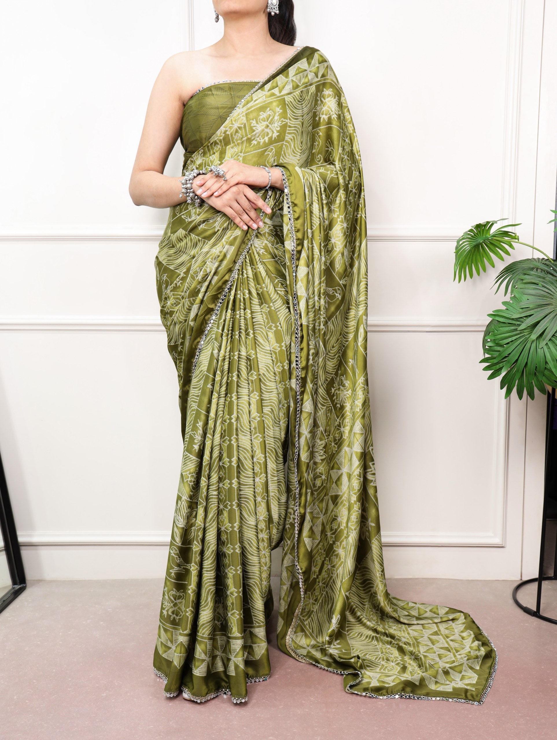Satin Silk Saree with Mirror Lace Border