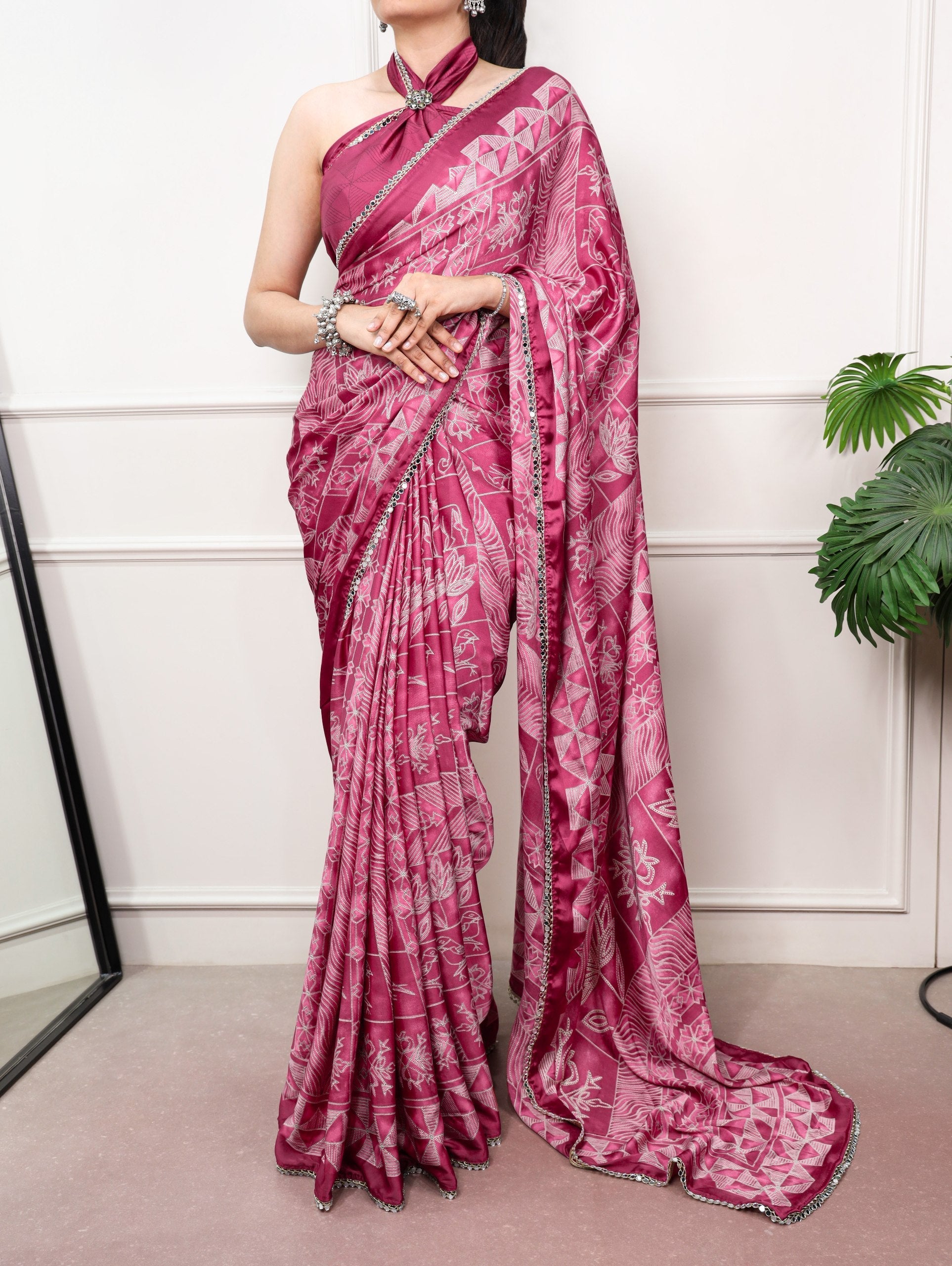 Satin Silk Saree with Mirror Lace Border