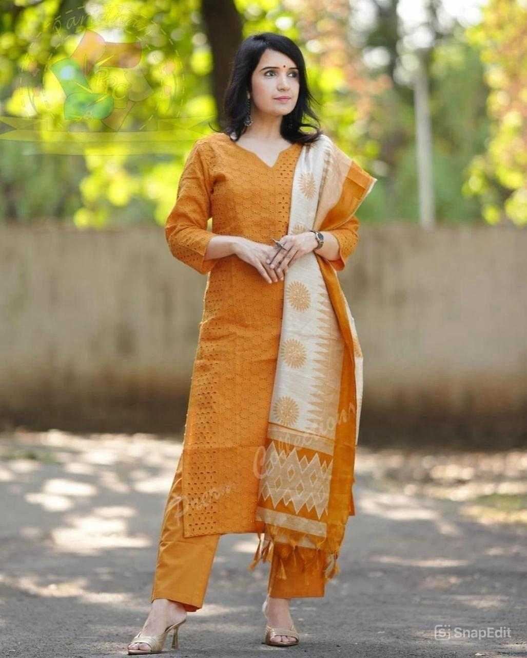 Schiffli Embroidered Cotton Kurti Set with Silk Dupatta – Cotton Lining & Pant Included