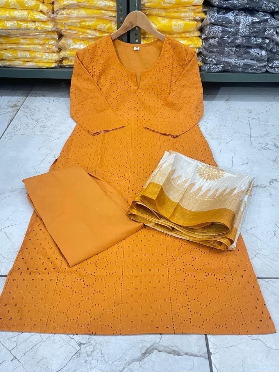 Schiffli Embroidered Cotton Kurti Set with Silk Dupatta – Cotton Lining & Pant Included