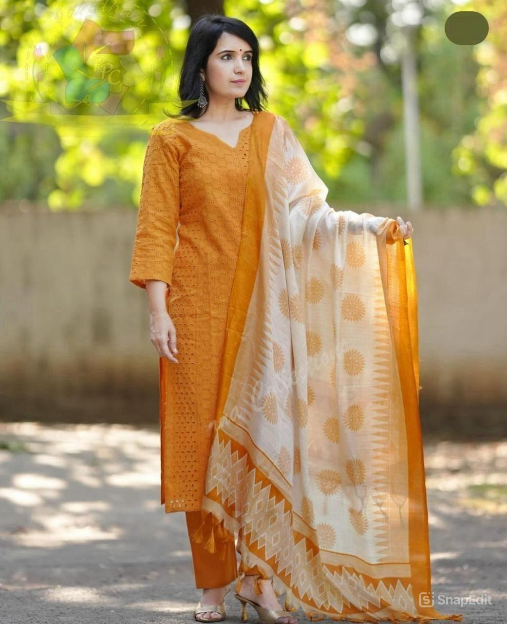 Schiffli Embroidered Cotton Kurti Set with Silk Dupatta – Cotton Lining & Pant Included