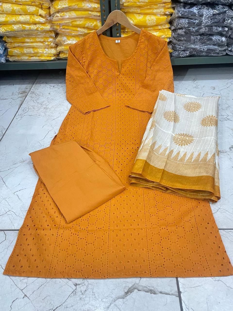 Schiffli Embroidered Cotton Kurti Set with Silk Dupatta – Cotton Lining & Pant Included