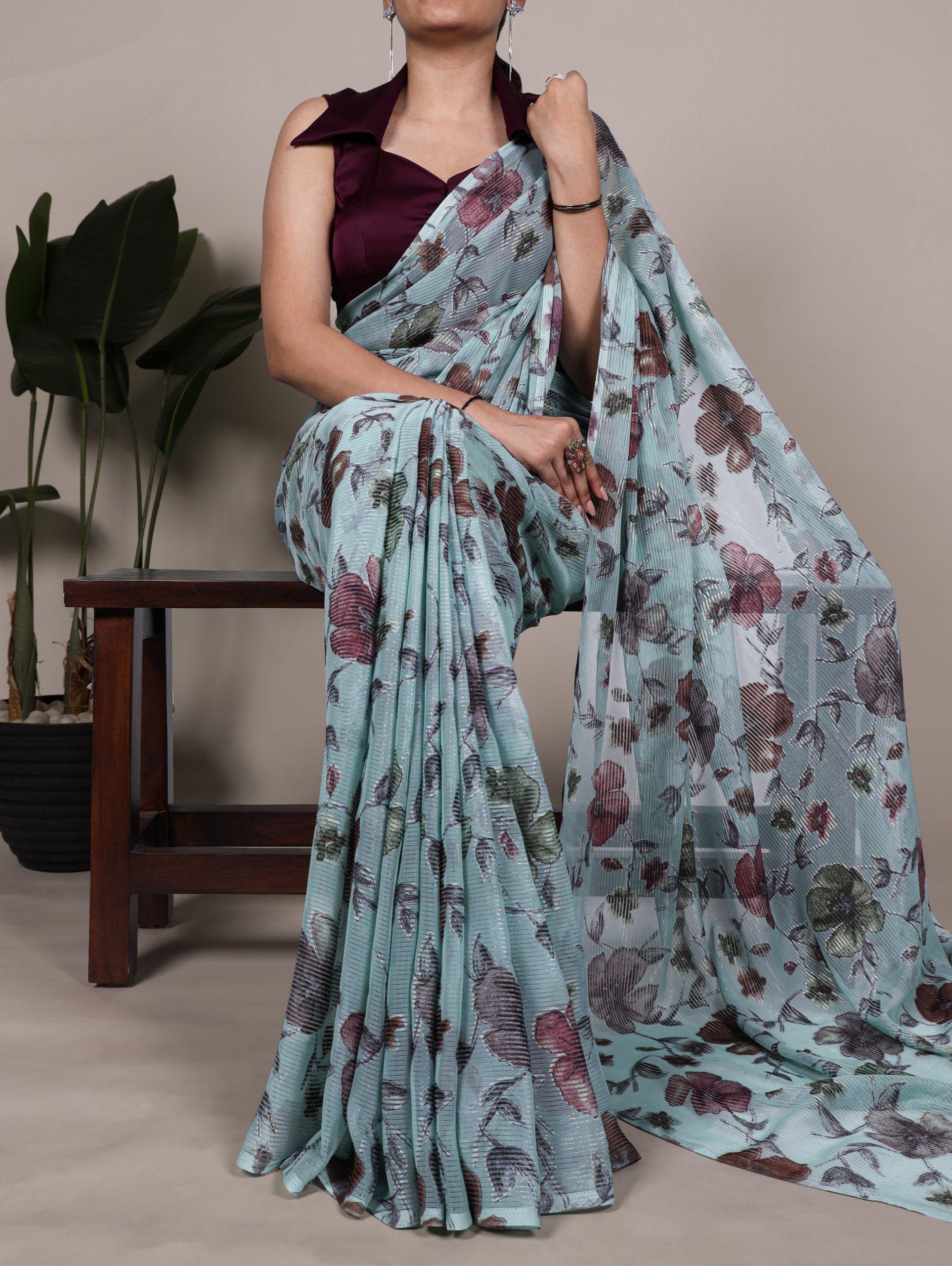 Sea Greeen Elegant Lurex Brasso Saree with Floral Viscose Brasso Work & Silk Blouse Piece