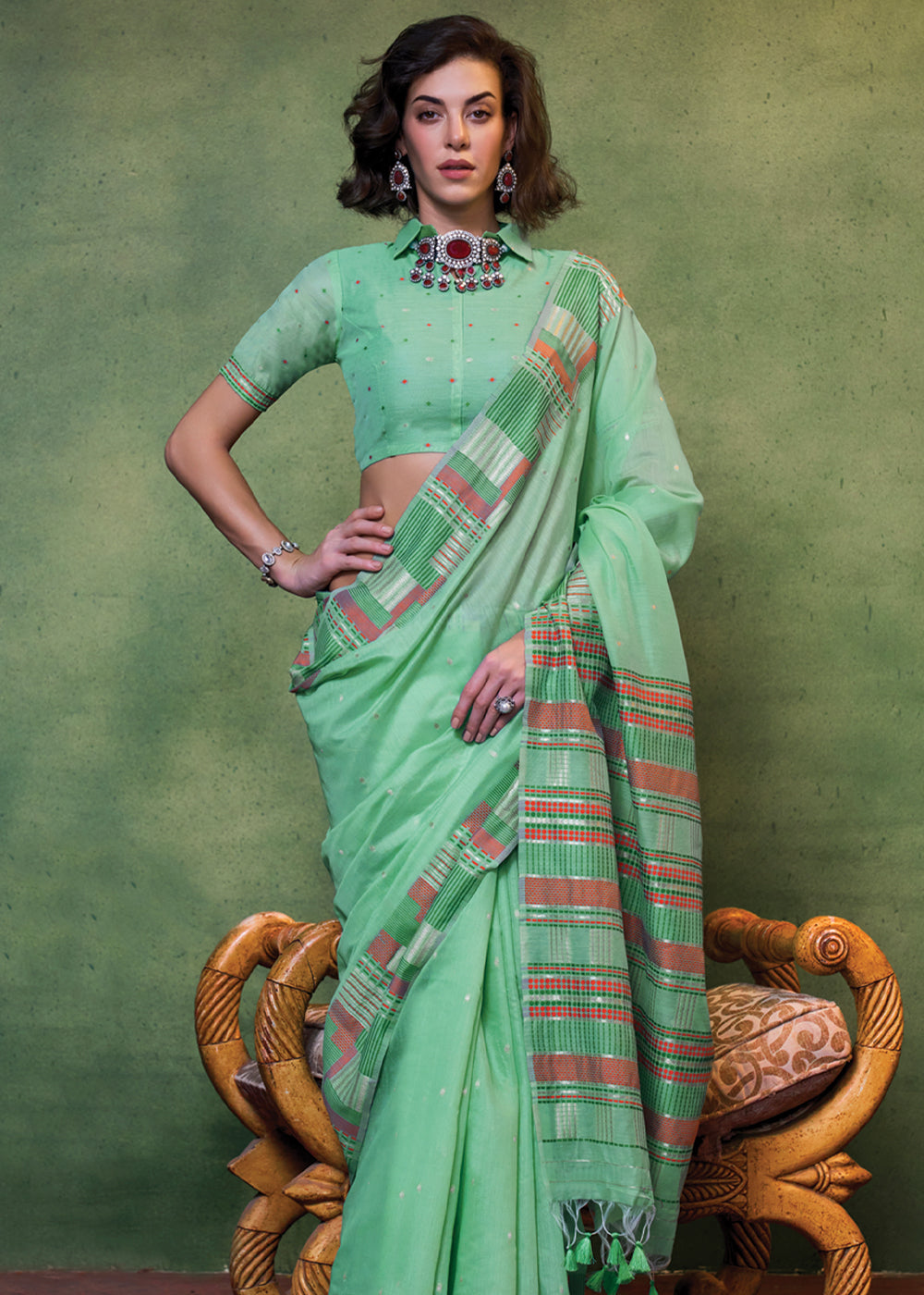 Sea Green Elegant Cotton Silk Blended Saree – Graceful & Lustrous Drape