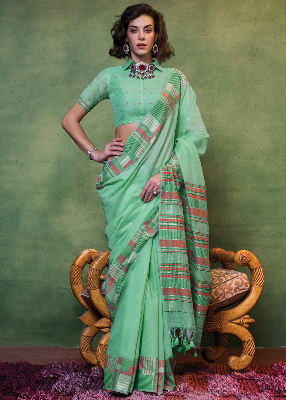 Sea Green Elegant Cotton Silk Blended Saree – Graceful & Lustrous Drape