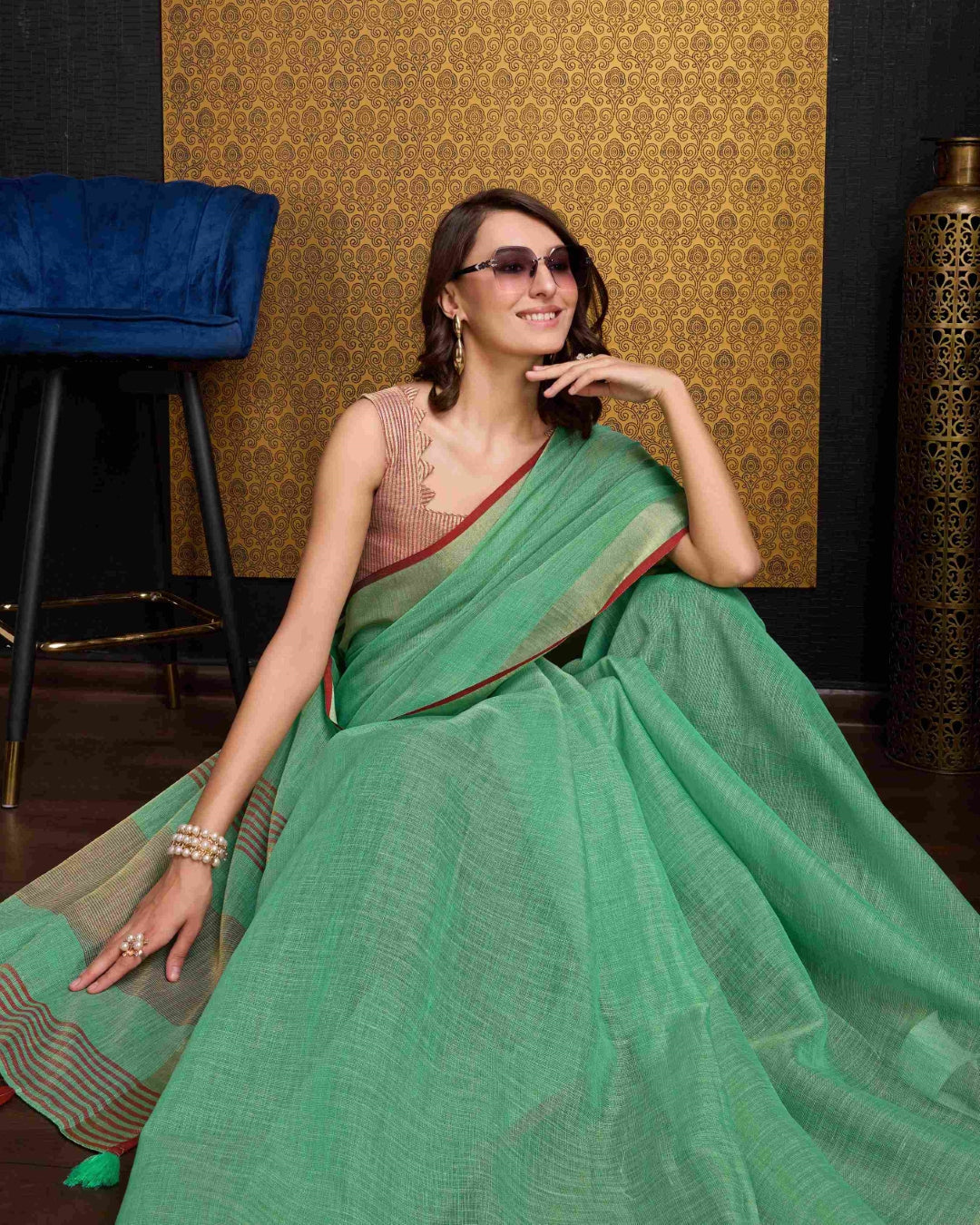 Sea Green Elegant Solid Saree with Zari Border – Timeless Grace