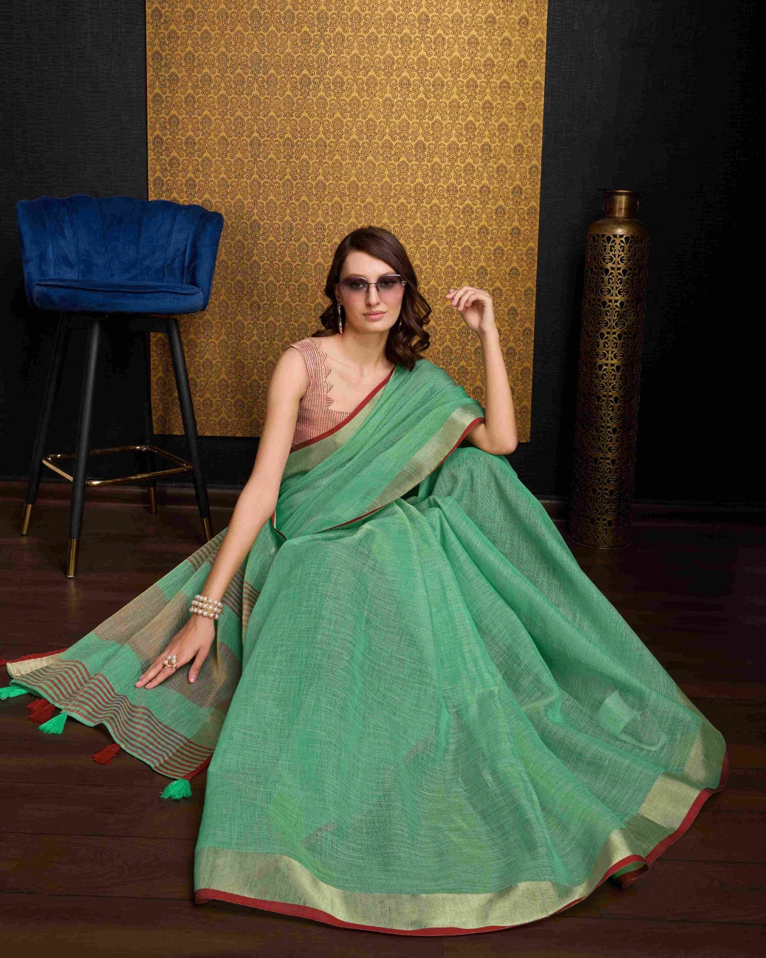 Sea Green Elegant Solid Saree with Zari Border – Timeless Grace