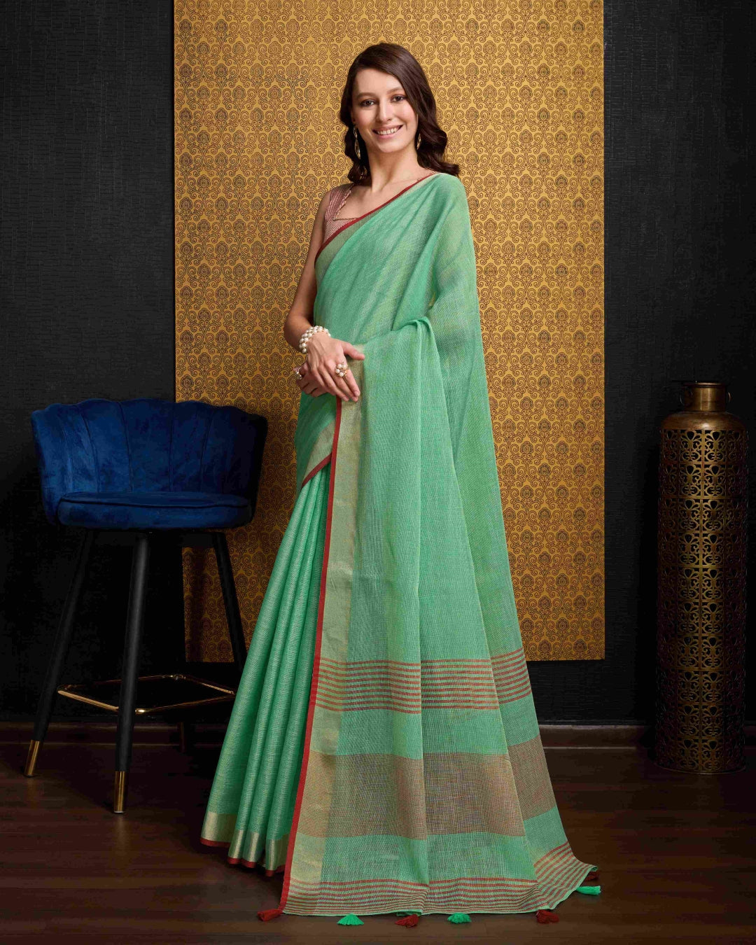 Sea Green Elegant Solid Saree with Zari Border – Timeless Grace